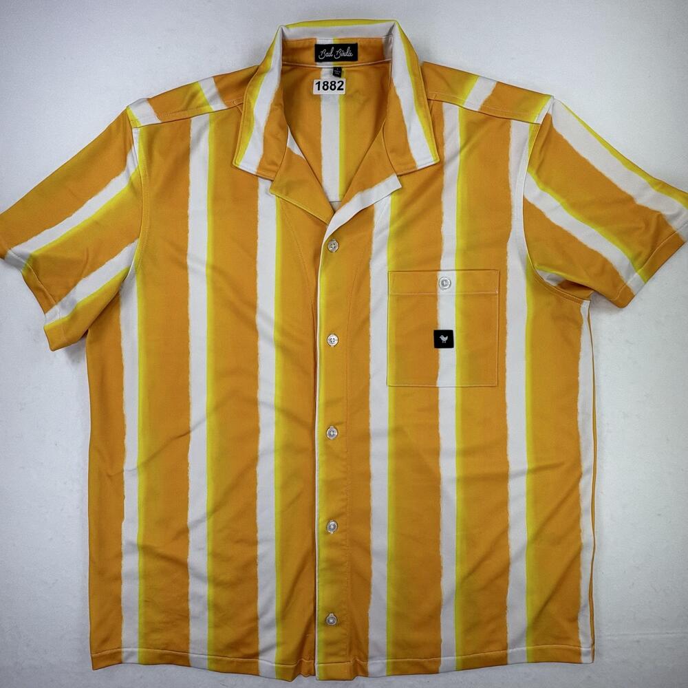 Bad Birdie Shirt Mens Large Orange Stripe Short Sleeve Button Up Golf Stretch
